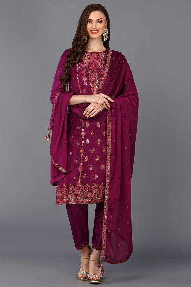 Magenta Poly Silk Embroidered Straight Suit Set