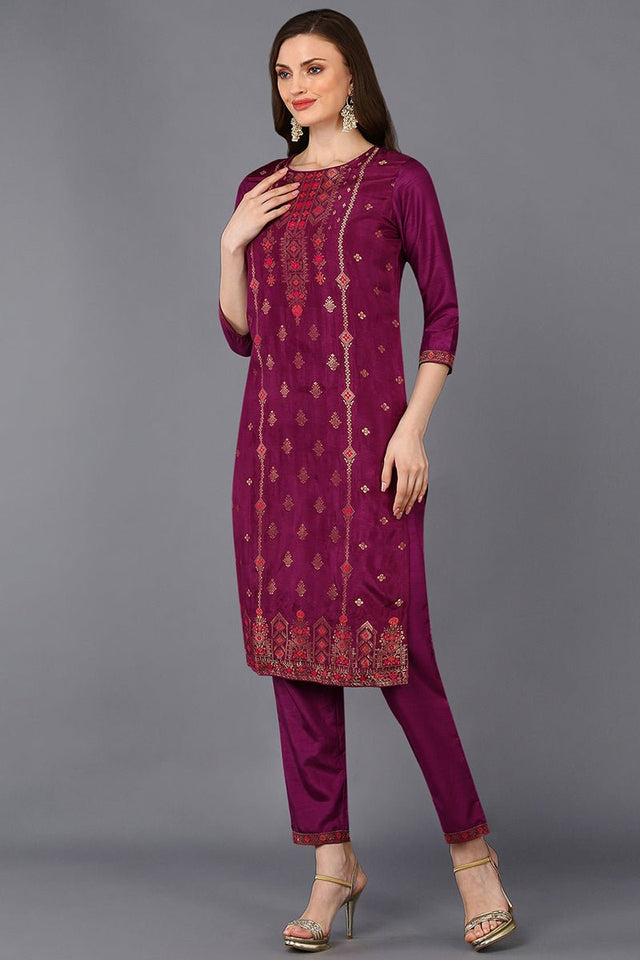 Magenta Poly Silk Embroidered Straight Suit Set