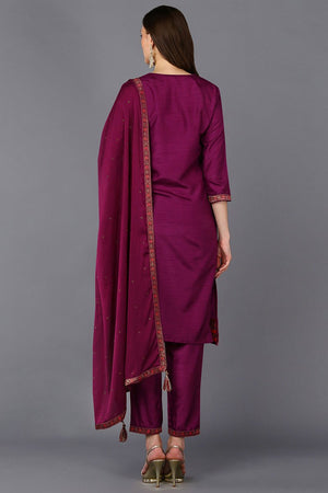 Magenta Poly Silk Embroidered Straight Suit Set
