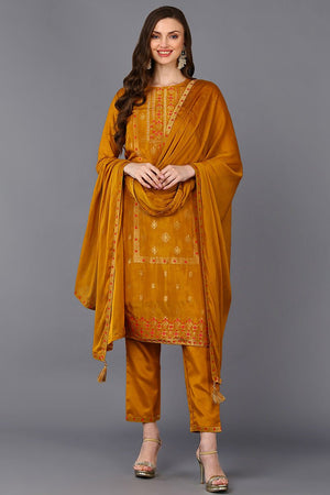 Mustard Silk Blend Embroidered Straight Suit Set