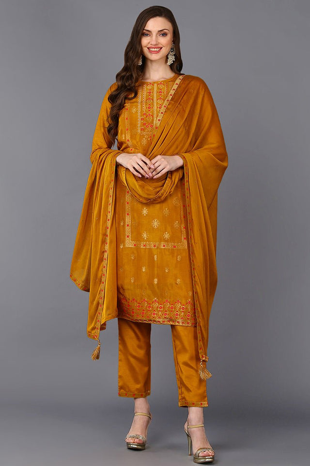 Mustard Silk Blend Embroidered Straight Suit Set