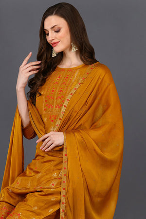 Mustard Silk Blend Embroidered Straight Suit Set