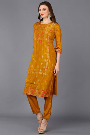 Mustard Silk Blend Embroidered Straight Suit Set