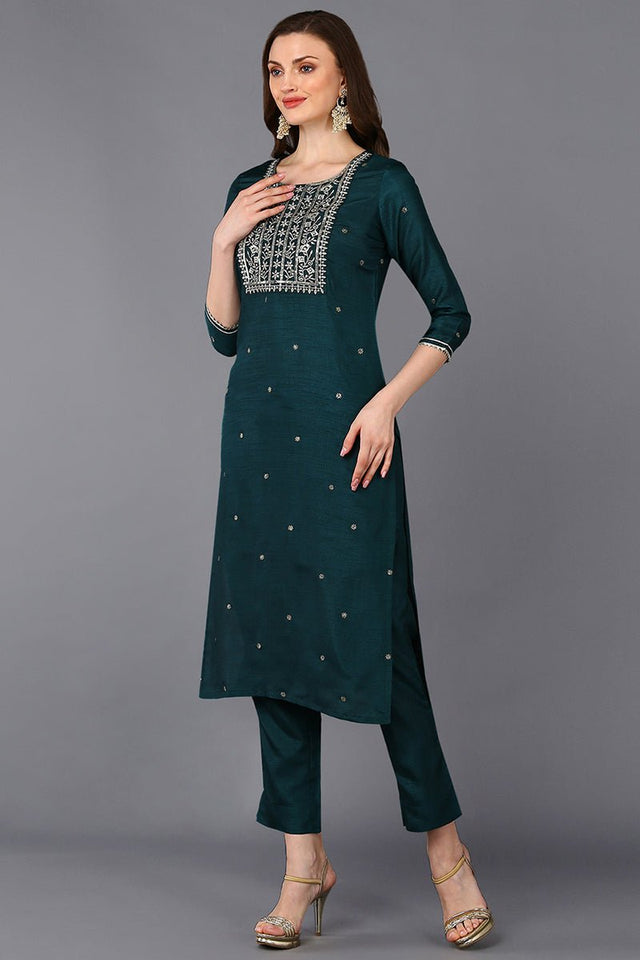 Green Silk Blend Rogan Work Straight Suit Set