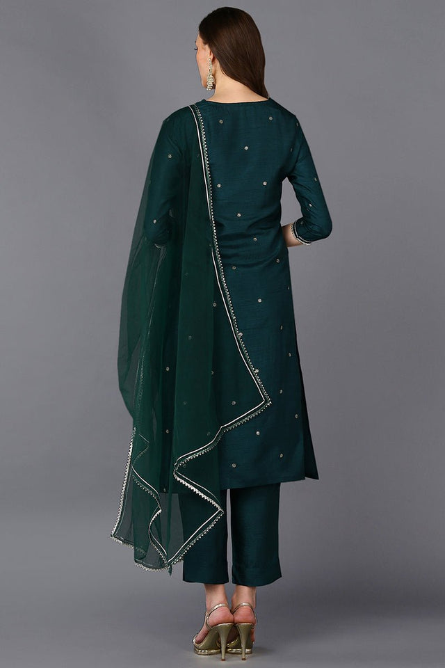Green Silk Blend Rogan Work Straight Suit Set