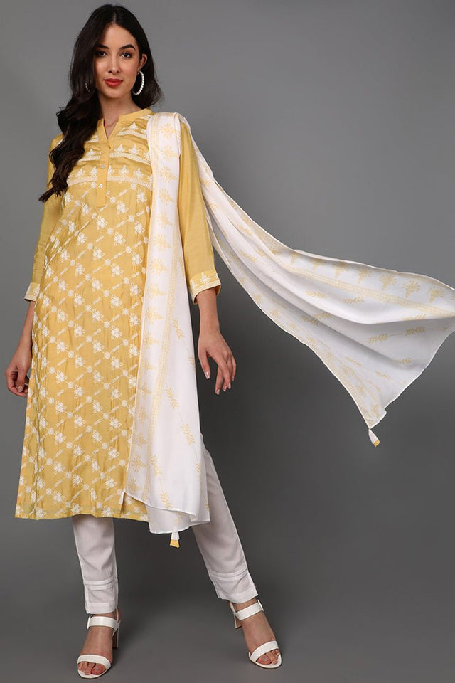 Yellow Poly Silk Ethnic Motifs Straight Suit Set