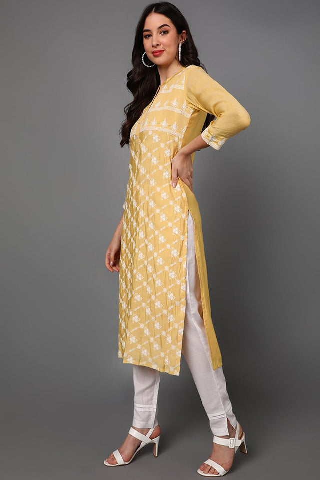 Yellow Poly Silk Ethnic Motifs Straight Suit Set