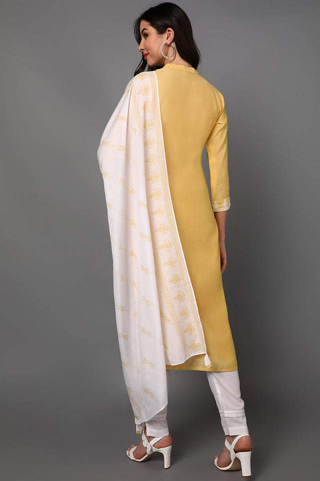 Yellow Poly Silk Ethnic Motifs Straight Suit Set