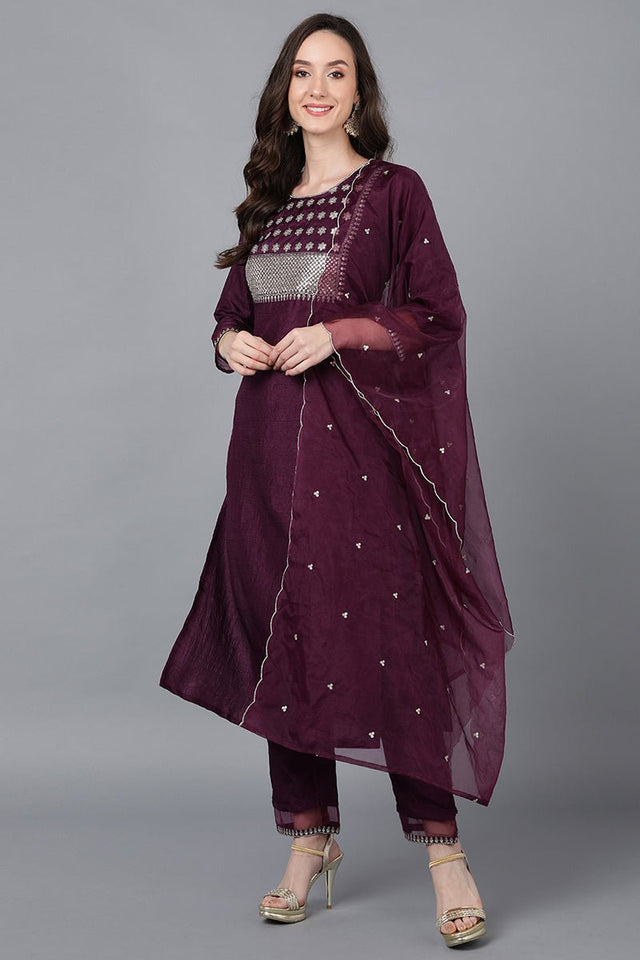 Purple Poly Silk Solid Straight Suit Set