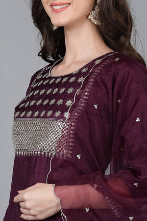 Purple Poly Silk Solid Straight Suit Set