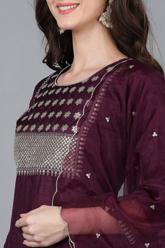 Purple Poly Silk Solid Straight Suit Set