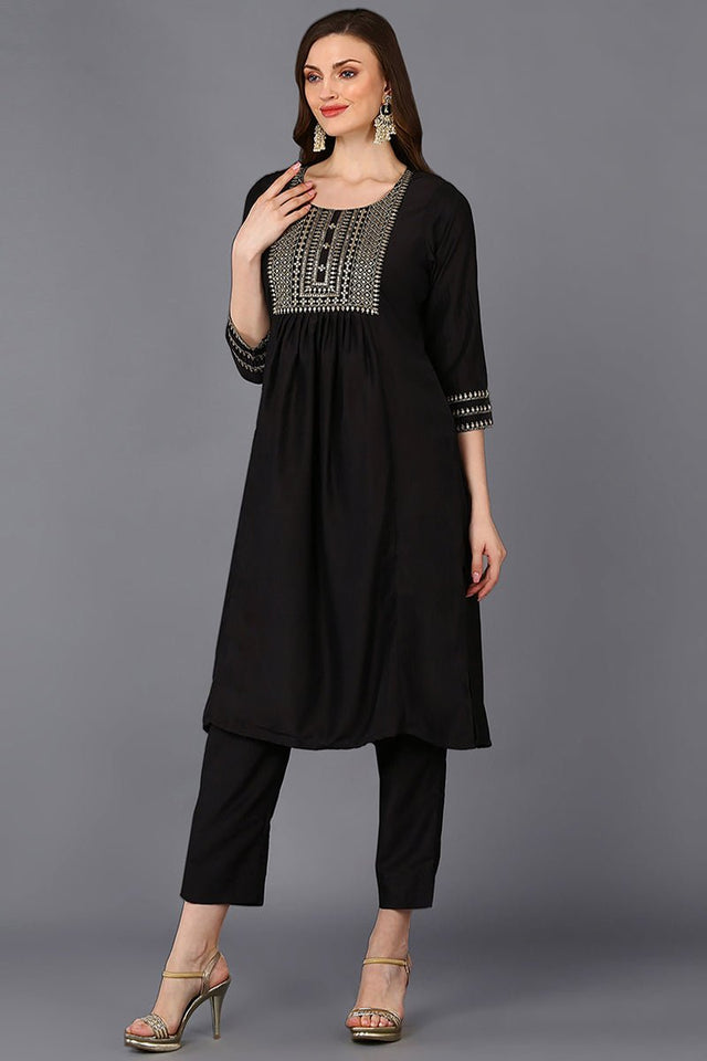 Black Silk Blend Solid Straight Suit Set