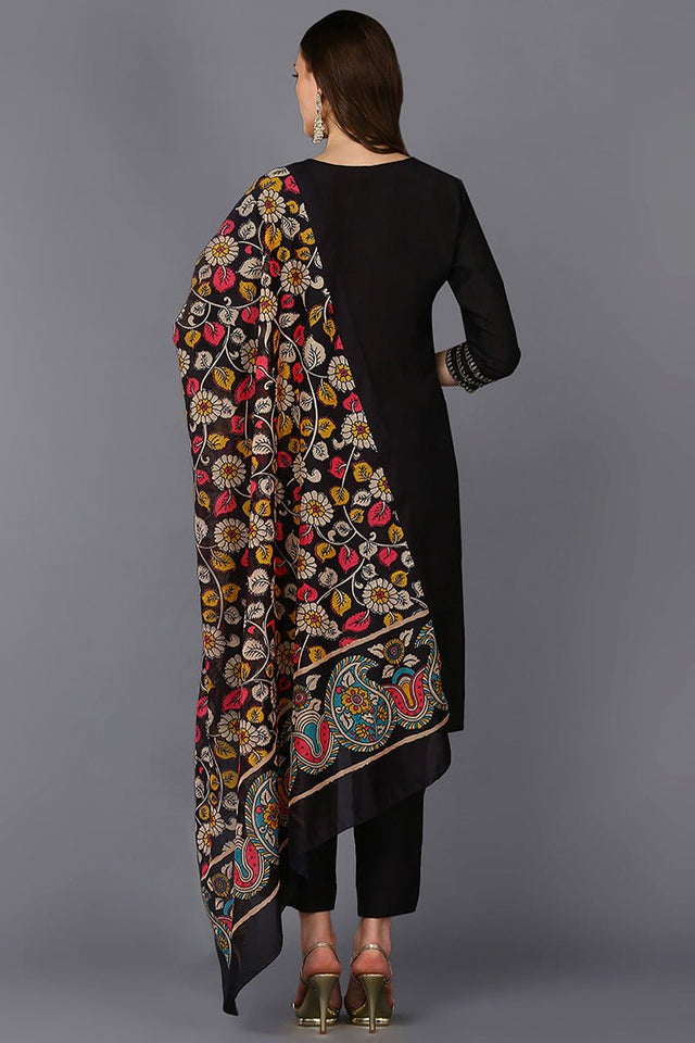 Black Silk Blend Solid Straight Suit Set