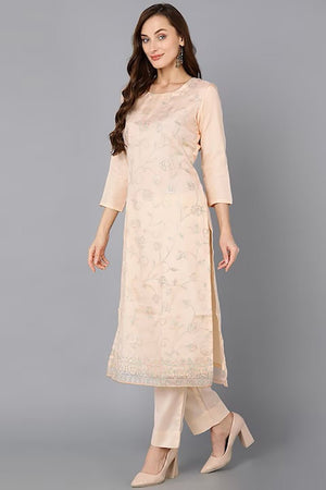 Peach Organza Ethnic Motifs Straight Suit Set