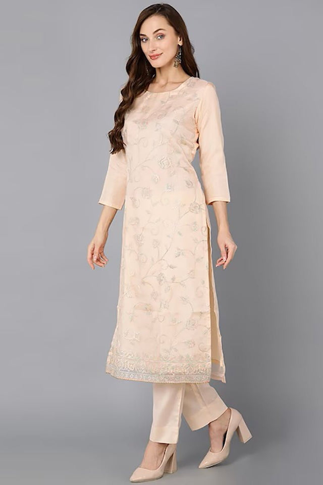 Peach Organza Ethnic Motifs Straight Suit Set