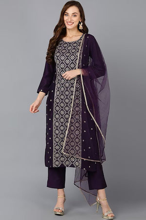 Purple Silk Blend Ethnic Motifs Straight Suit Set