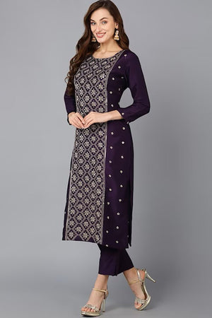 Purple Silk Blend Ethnic Motifs Straight Suit Set
