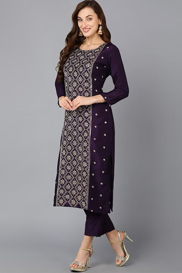 Purple Silk Blend Ethnic Motifs Straight Suit Set