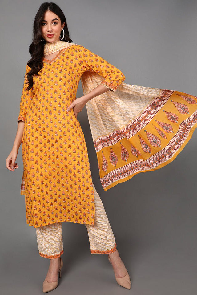 Yellow Cotton Ethnic Motifs Straight Suit Set