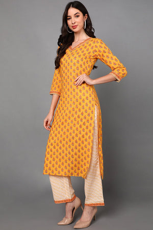 Yellow Cotton Ethnic Motifs Straight Suit Set