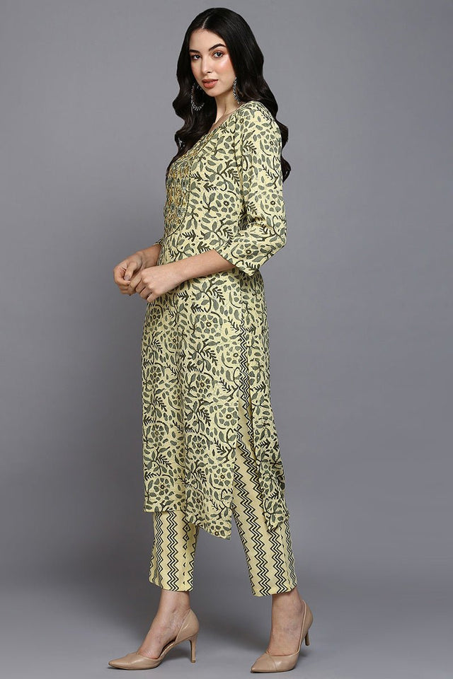 Yellow Silk Blend Floral Straight Suit Set