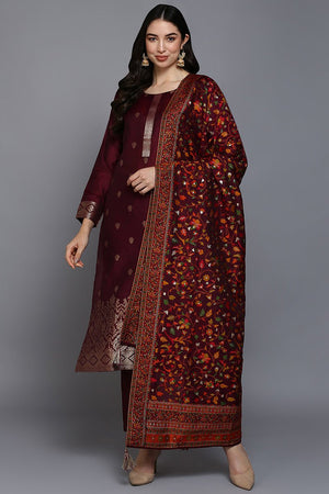 Burgundy Silk Blend Ethnic Straight Suit Set