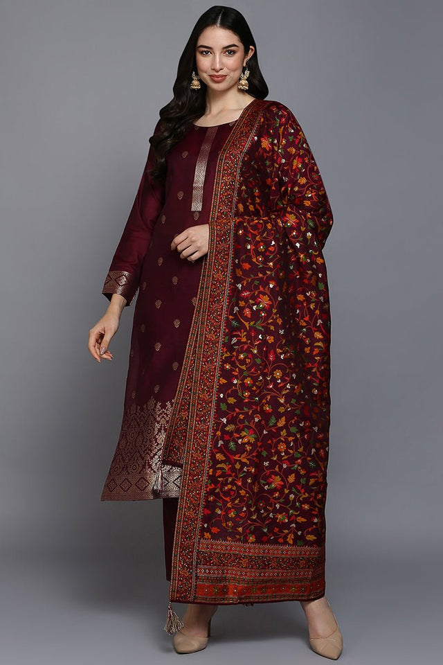 Burgundy Silk Blend Ethnic Straight Suit Set