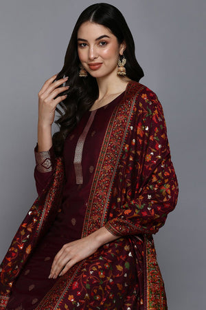 Burgundy Silk Blend Ethnic Straight Suit Set