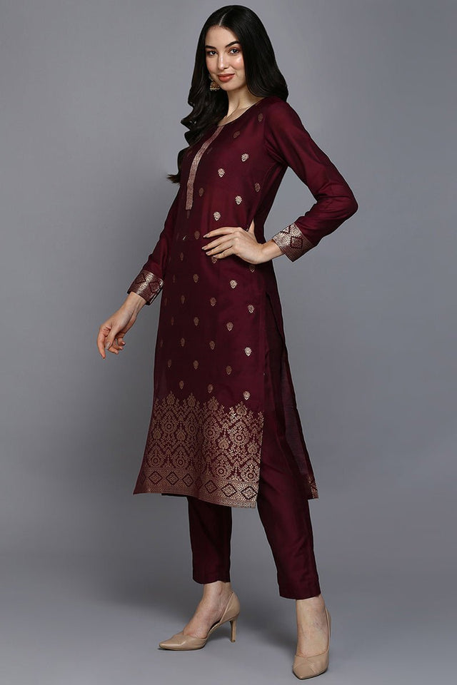 Burgundy Silk Blend Ethnic Straight Suit Set