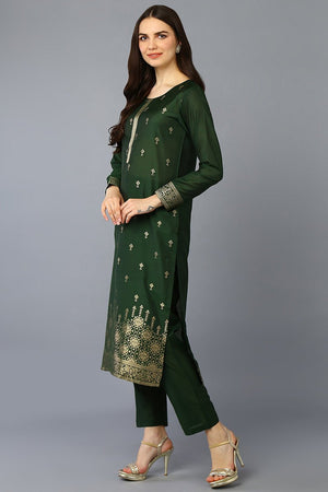 Green Silk Blend Ethnic Motifs Straight Suit Set