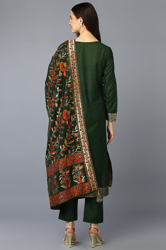 Green Silk Blend Ethnic Motifs Straight Suit Set