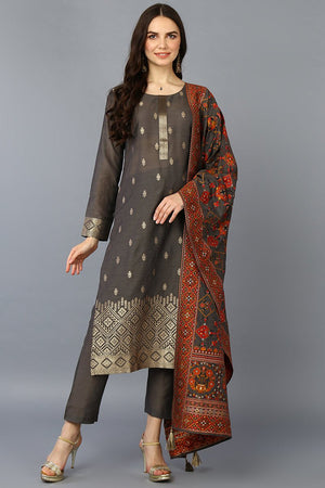 Grey Silk Blend Ethnic Motifs Straight Suit Set