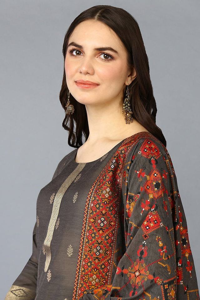 Grey Silk Blend Ethnic Motifs Straight Suit Set