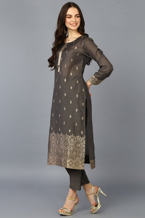 Grey Silk Blend Ethnic Motifs Straight Suit Set