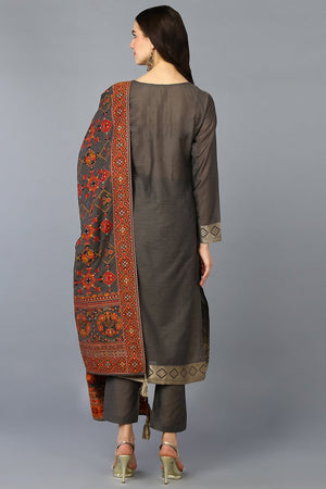 Grey Silk Blend Ethnic Motifs Straight Suit Set