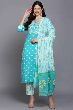 Cotton Blue Bandhani Printed Straight Kurti Pant With Dupatta