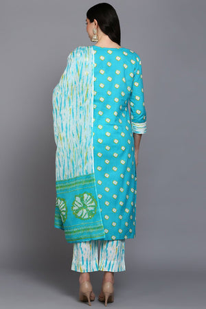 Cotton Blue Bandhani Printed Straight Kurti Pant With Dupatta