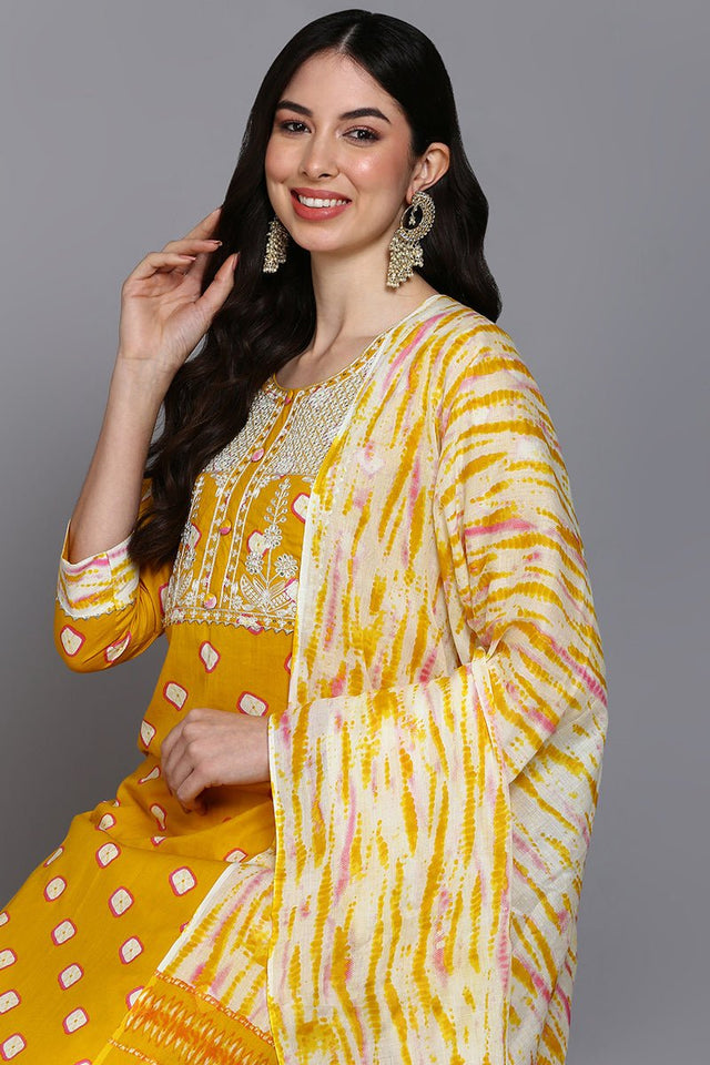 Cotton Yellow Bandhani Printed Straight Kurti Pant With Dupatta