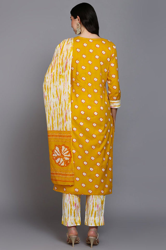 Cotton Yellow Bandhani Printed Straight Kurti Pant With Dupatta