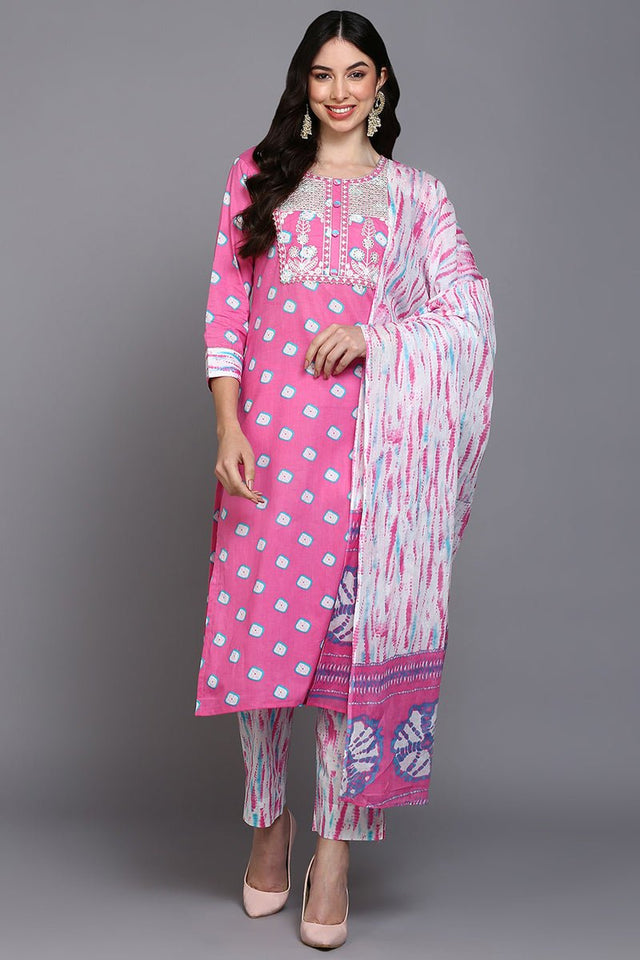 Cotton Pink Bandhani Printed Straight Kurti Pant With Dupatta