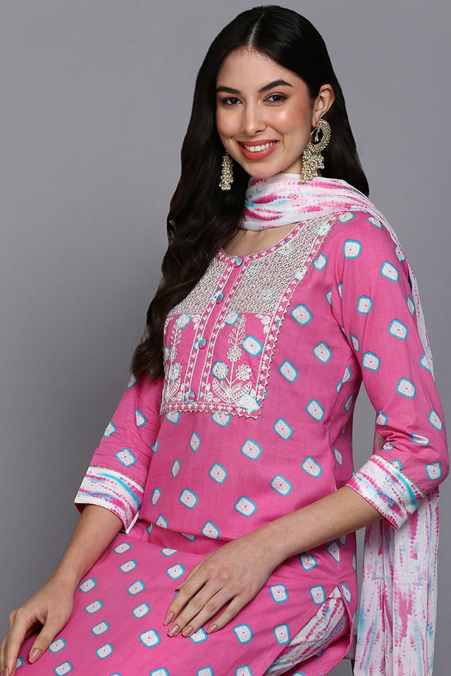 Cotton Pink Bandhani Printed Straight Kurti Pant With Dupatta