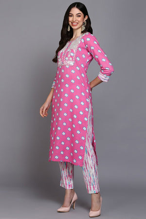 Cotton Pink Bandhani Printed Straight Kurti Pant With Dupatta
