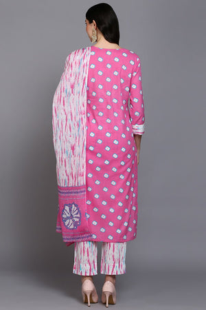 Cotton Pink Bandhani Printed Straight Kurti Pant With Dupatta