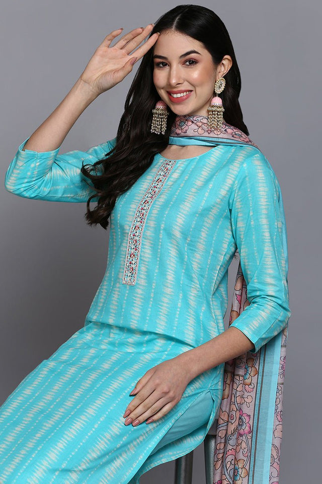 Rayon Turquoise Blue Printed Straight Kurti Pant With Dupatta