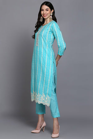 Rayon Turquoise Blue Printed Straight Kurti Pant With Dupatta