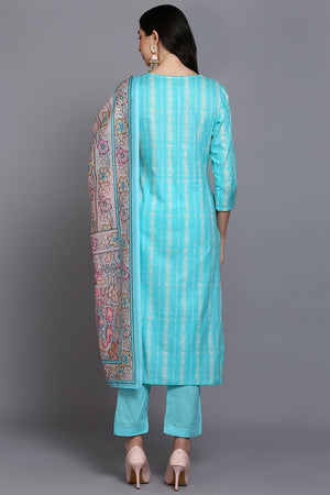 Rayon Turquoise Blue Printed Straight Kurti Pant With Dupatta