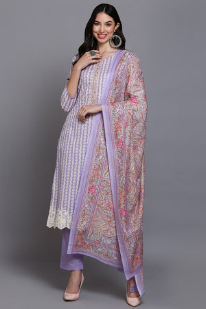 Rayon Lavender Printed Straight Kurti Pant With Dupatta