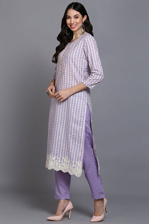 Rayon Lavender Printed Straight Kurti Pant With Dupatta