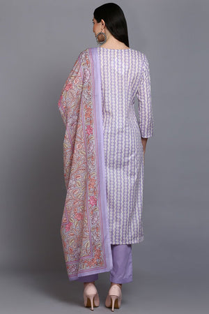 Rayon Lavender Printed Straight Kurti Pant With Dupatta