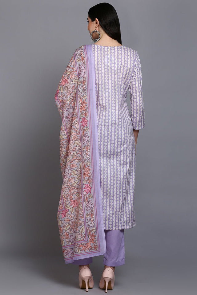 Rayon Lavender Printed Straight Kurti Pant With Dupatta